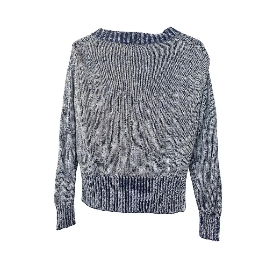 JCrew Blue White Cotton Linen Marl Knit Sweater XXS Crewneck Pullover Split Hem